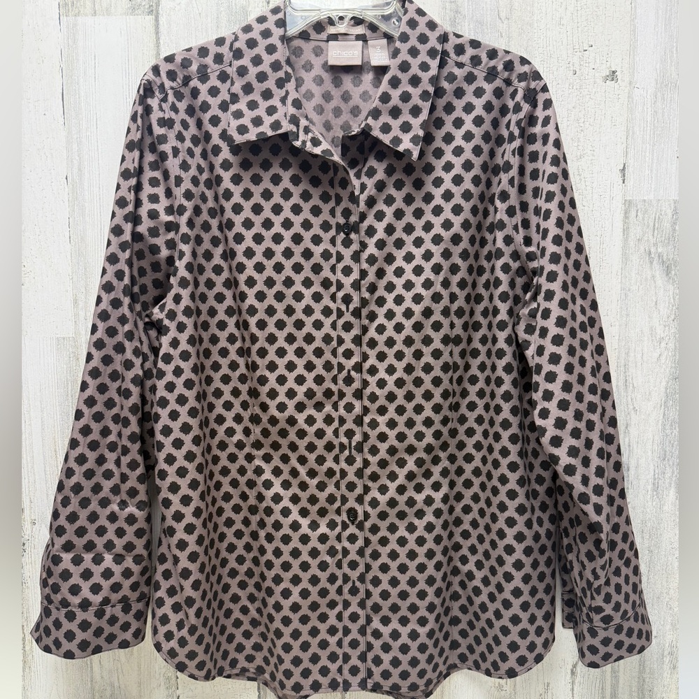 Chico’s Tan/Dark Gray and Black Polka Dot Button-Up Shirt